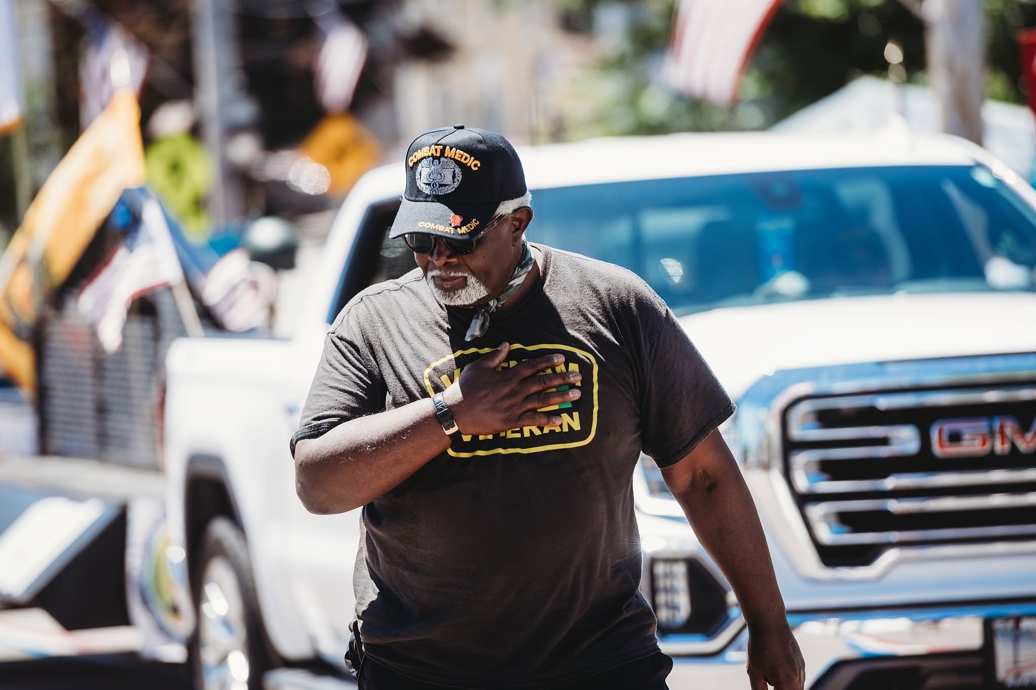 Veteran marching in street parade